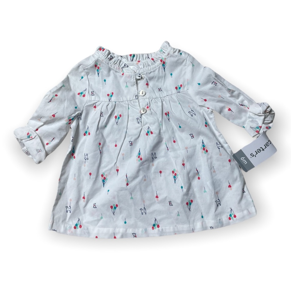 NWT Baby Carter White 3/4 Sleeve Balloon and Dog Blouse with Ruffle Detail - Picture 1 of 7